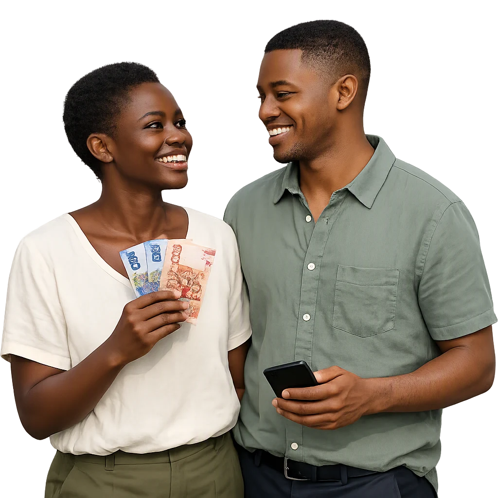 A young Ghanaian woman and man holding cedi notes and a phone