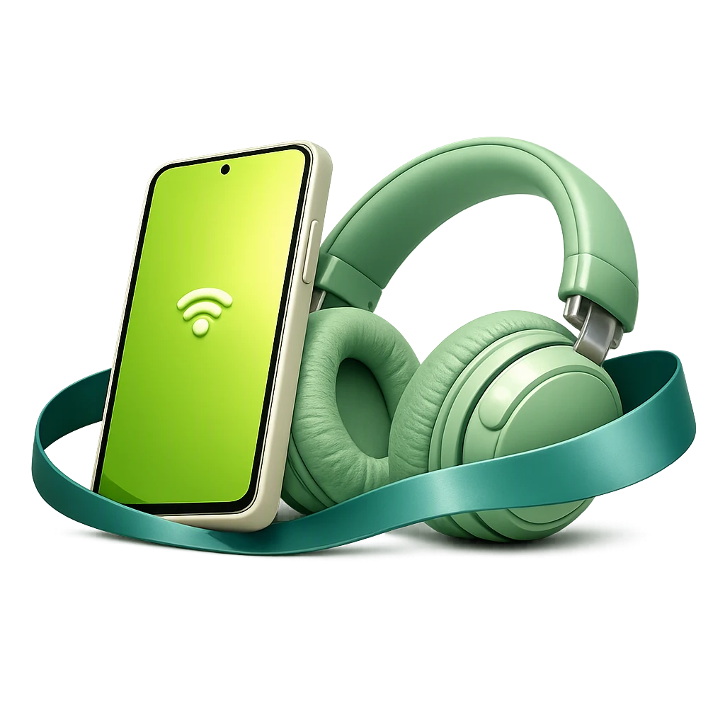 A cream smartphone and mint headphones in a sculpted connectivity illustration