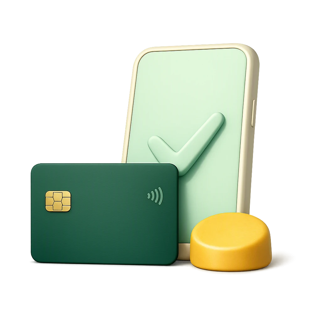 A phone, contactless card and payment token in cream, green and yellow